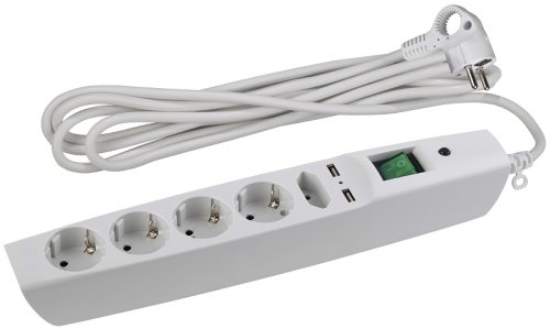 Сетевой фильтр с заземлением ЭРА SFU-5es-2m-W 5-м+2USB тип A+A 2,0м 10А 2200В белый фото Сетевой фильтр с заземлением ЭРА SFU-5es-2m-W 5-м+2USB тип A+A 2,0м 10А 2200В белый картинка